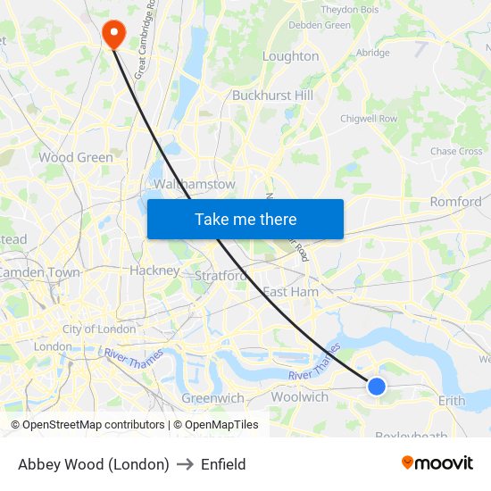 Abbey Wood (London) to Enfield map