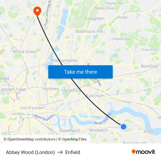 Abbey Wood (London) to Enfield map