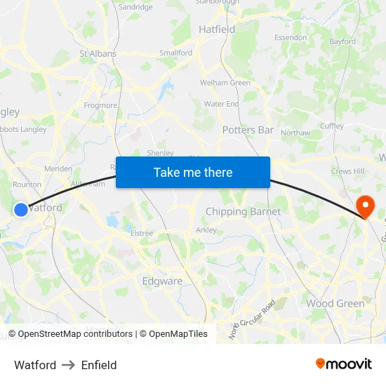 Watford to Enfield map