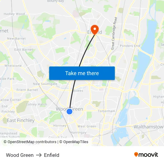 Wood Green to Enfield map