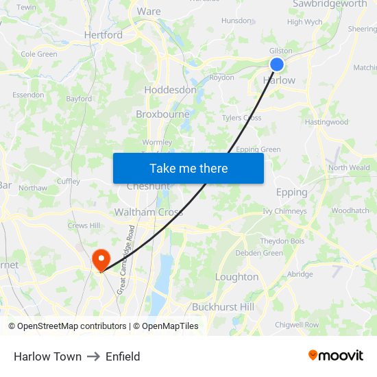 Harlow Town to Enfield map