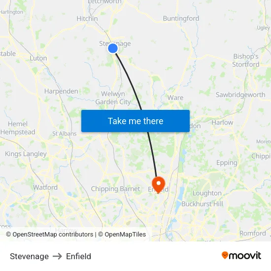 Stevenage to Enfield map