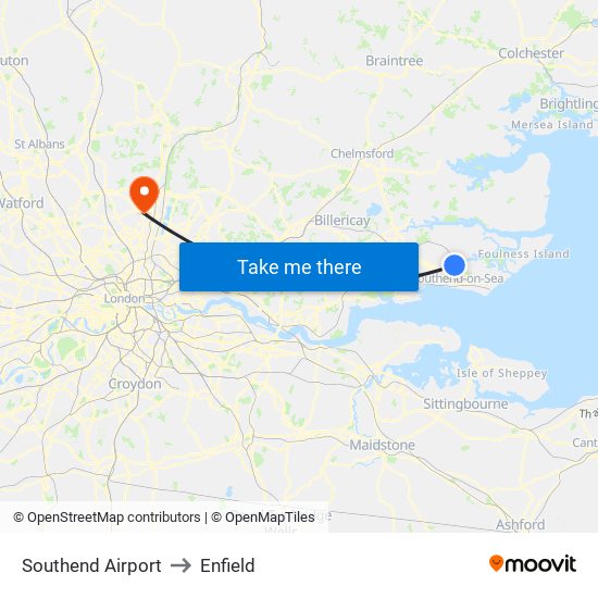 Southend Airport to Enfield map
