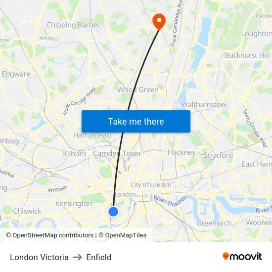 London Victoria to Enfield map