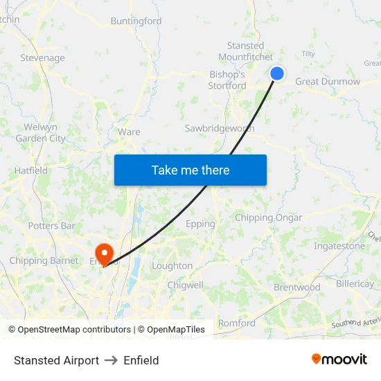 Stansted Airport to Enfield map