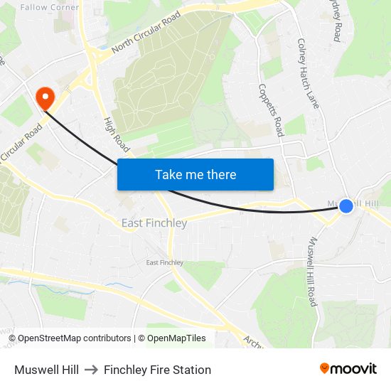 Muswell Hill to Finchley Fire Station map