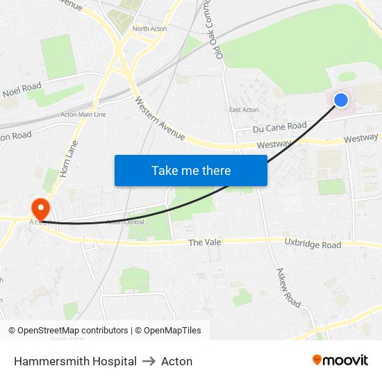 Hammersmith Hospital to Acton map