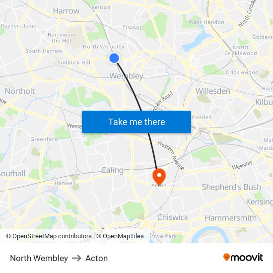 North Wembley to Acton map