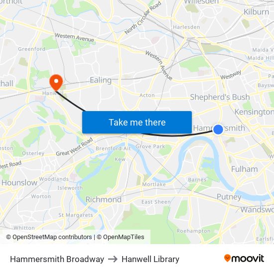 Hammersmith Broadway to Hanwell Library map
