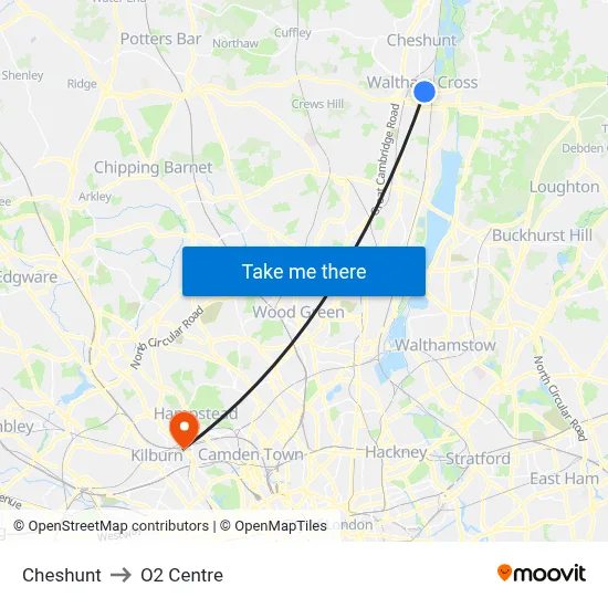 Cheshunt to O2 Centre map