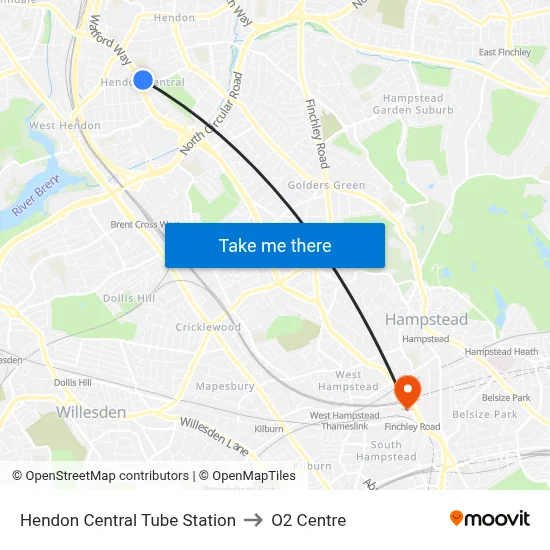 Hendon Central Tube Station to O2 Centre map