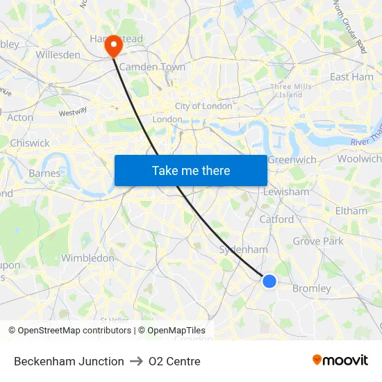 Beckenham Junction to O2 Centre map