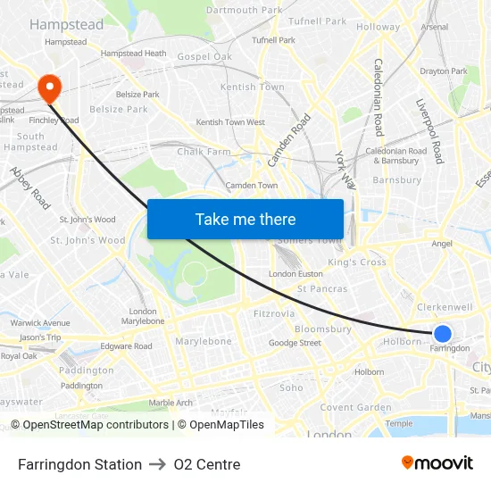 Farringdon Station to O2 Centre map
