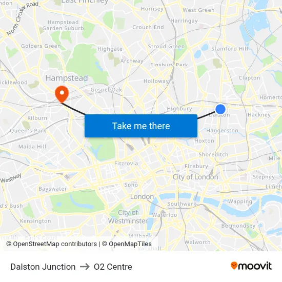 Dalston Junction to O2 Centre map