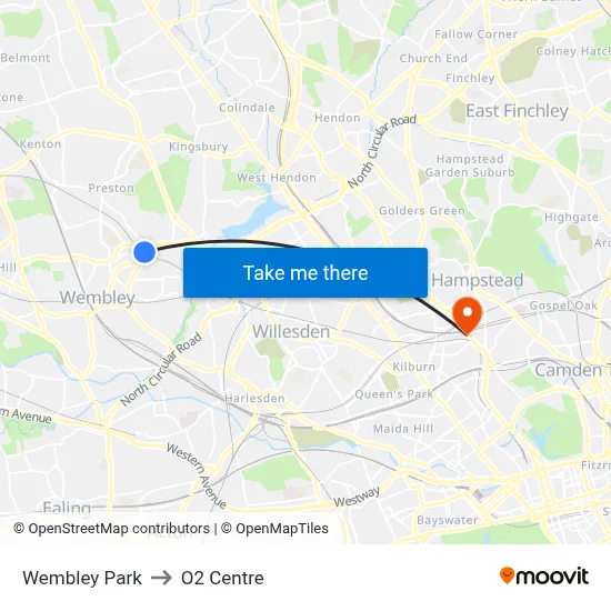 Wembley Park to O2 Centre map