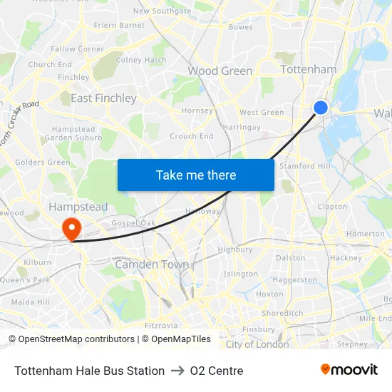 Tottenham Hale Bus Station to O2 Centre map