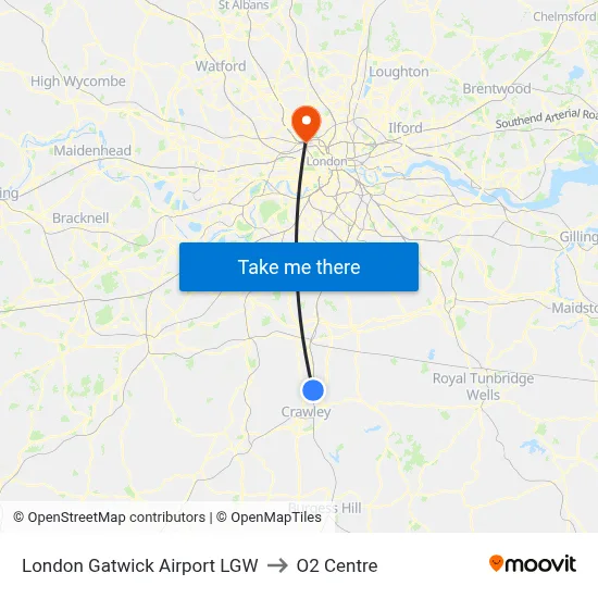 London Gatwick Airport LGW to O2 Centre map