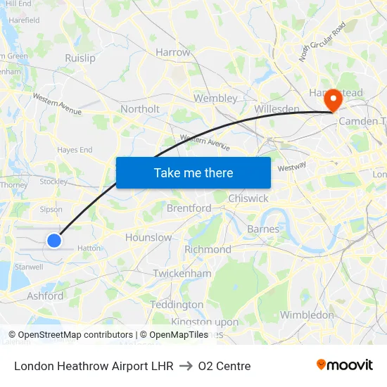 London Heathrow Airport LHR to O2 Centre map