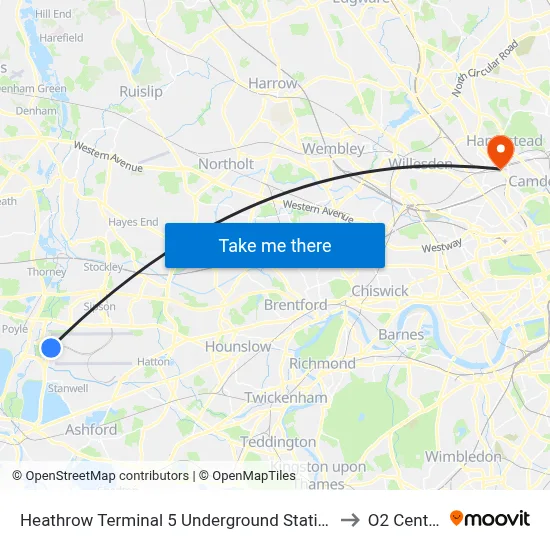 Heathrow Terminal 5 Underground Station to O2 Centre map