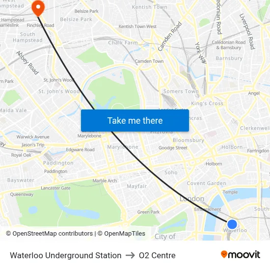 Waterloo Underground Station to O2 Centre map