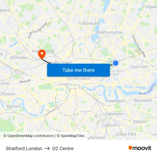 Stratford London to O2 Centre map
