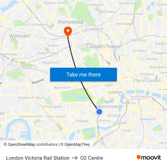 London Victoria Rail Station to O2 Centre map