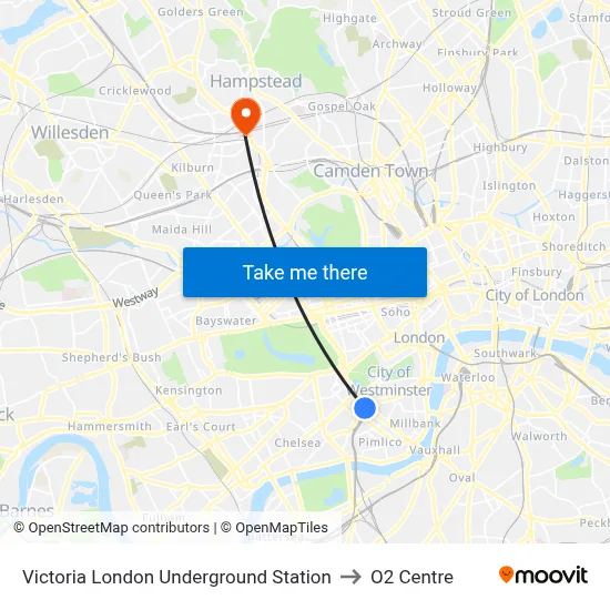 Victoria London Underground Station to O2 Centre map