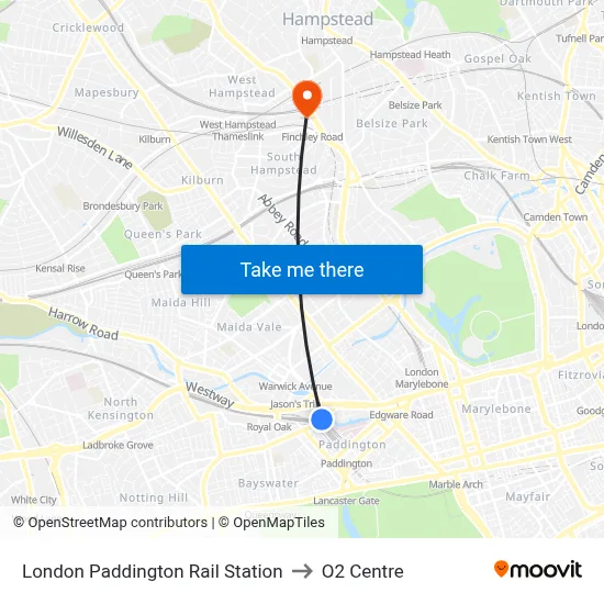 London Paddington Rail Station to O2 Centre map