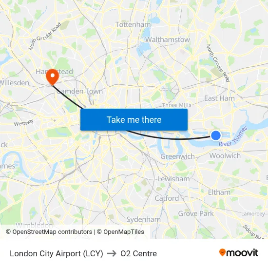 London City Airport (LCY) to O2 Centre map