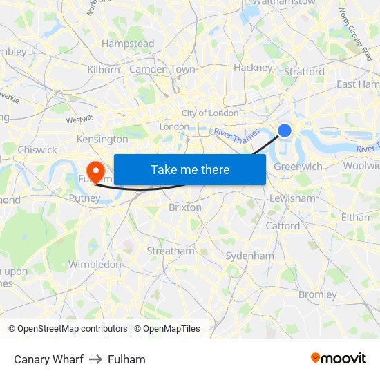 Canary Wharf to Fulham map