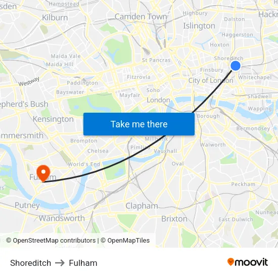 Shoreditch to Fulham map