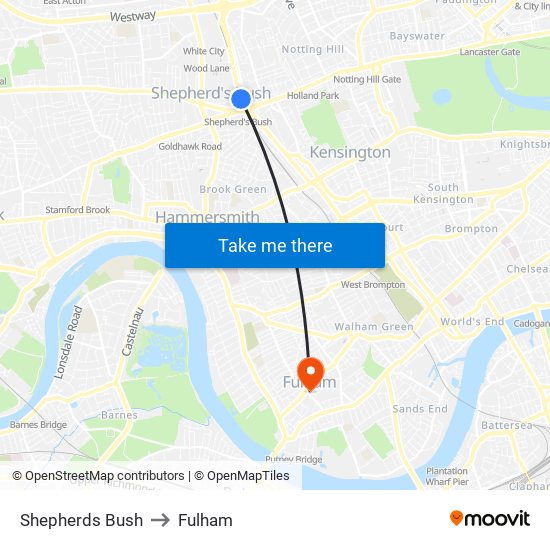 Shepherds Bush to Fulham map