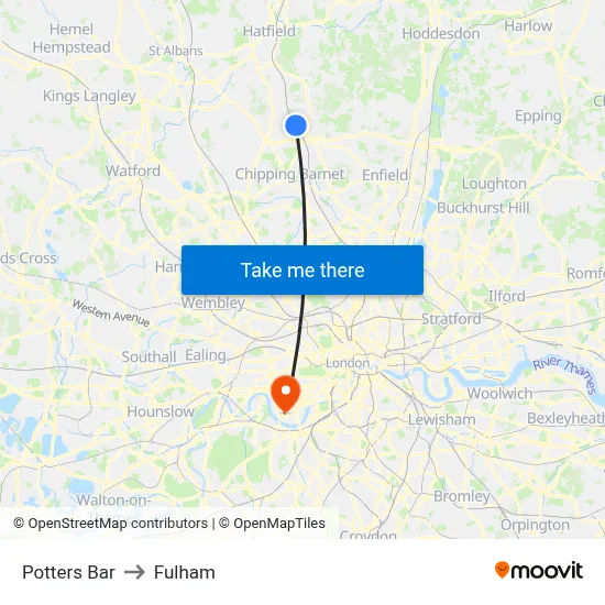 Potters Bar to Fulham map