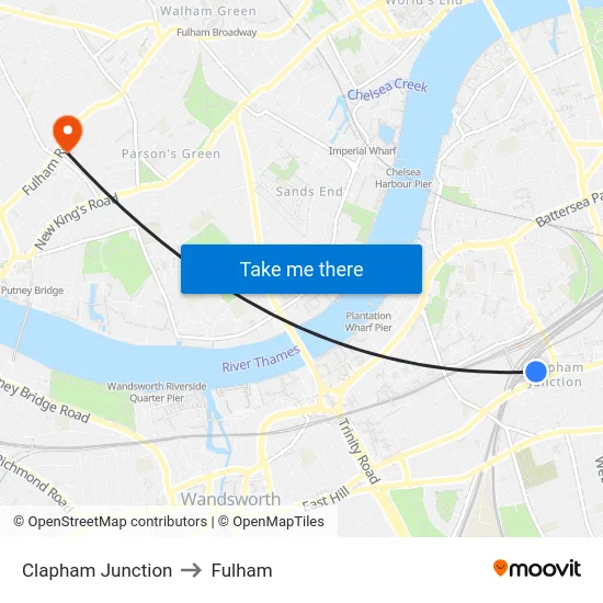 Clapham Junction to Fulham map