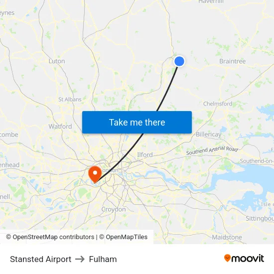 Stansted Airport to Fulham map