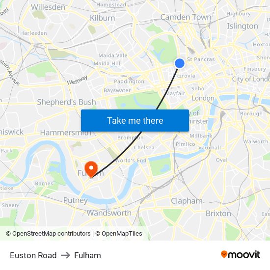 Euston Road to Fulham map
