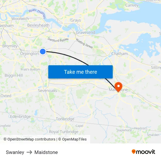 Swanley to Maidstone map