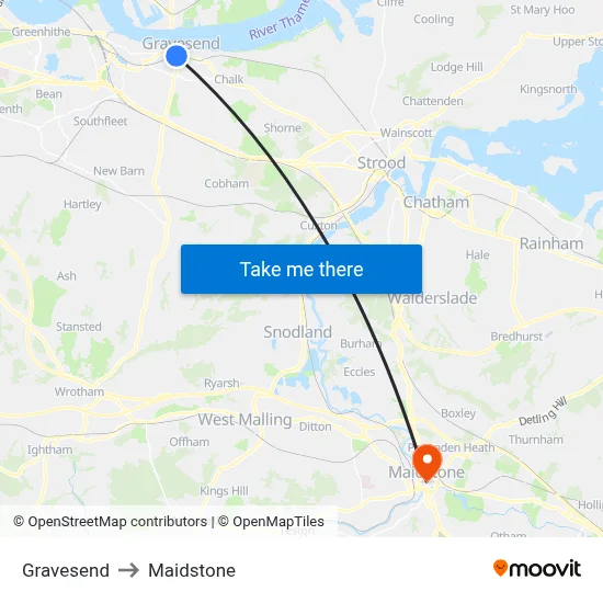 Gravesend to Maidstone map