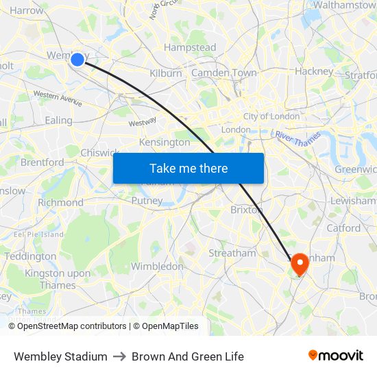 Wembley Stadium to Brown And Green Life map