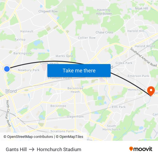 Gants Hill to Hornchurch Stadium map
