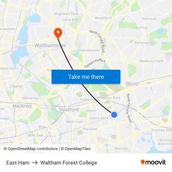 East Ham to Waltham Forest College map