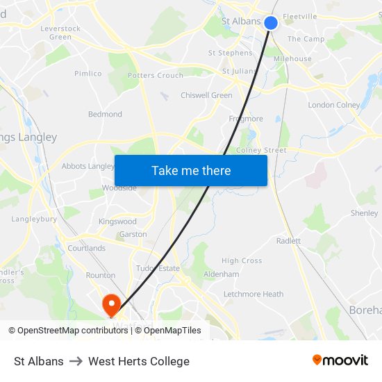 St Albans to West Herts College map