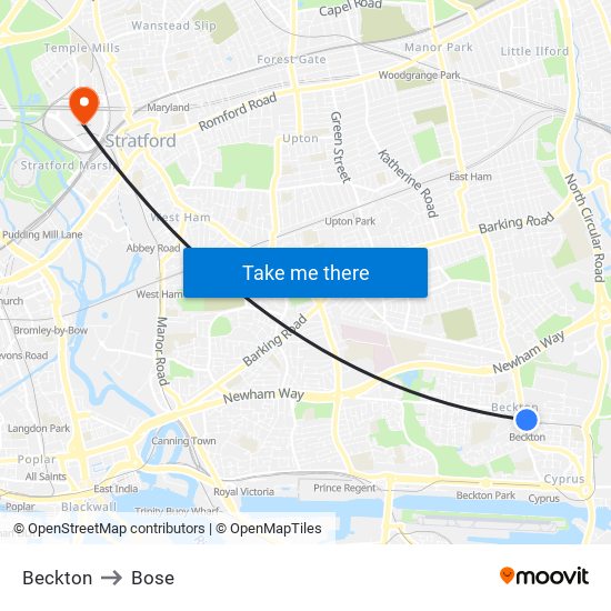 Beckton to Bose map