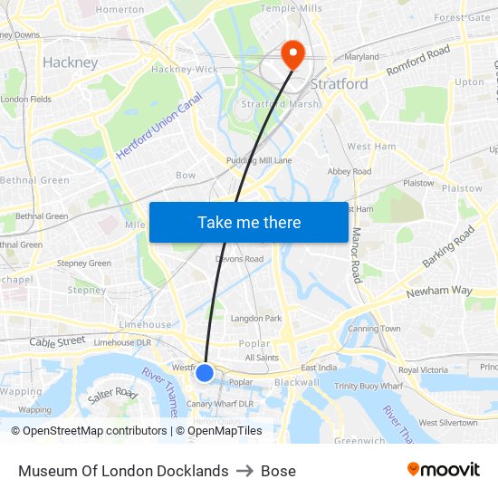 Museum Of London Docklands to Bose map
