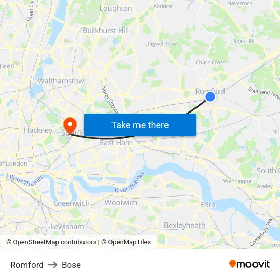 Romford to Bose map