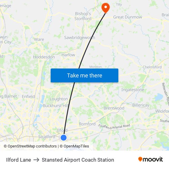 Ilford Lane to Stansted Airport Coach Station map