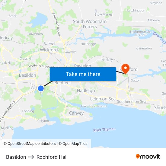 Basildon to Rochford Hall map