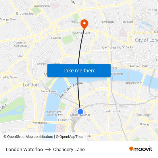 London Waterloo to Chancery Lane map