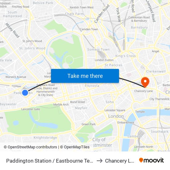 Paddington Station / Eastbourne Terrace to Chancery Lane map