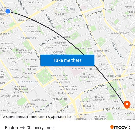 Euston to Chancery Lane map